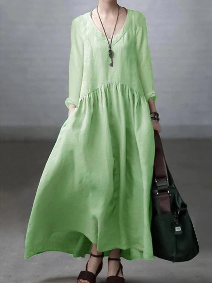 Ivory-dandelion Simple and Loose V-neck Cotton and Linen Dress - Image 12