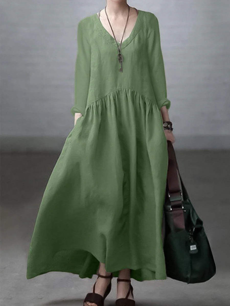 Ivory-dandelion Simple and Loose V-neck Cotton and Linen Dress - Image 4