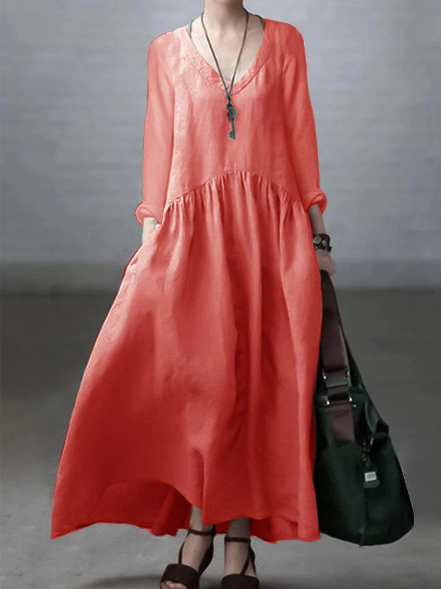 Ivory-lotus Simple and Loose V-neck Cotton and Linen Dress - Image 10