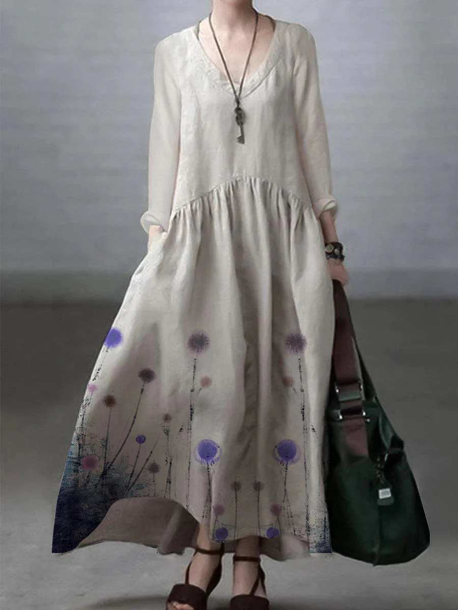 Ivory-lotus Simple and Loose V-neck Cotton and Linen Dress - Image 13