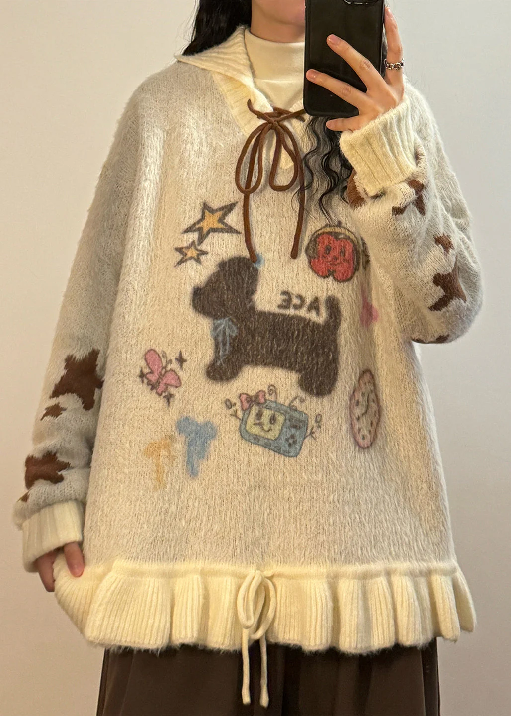 Jacquard Apricot Hooded Ruffled Lace Up Patchwork Knit Sweater Winter - Image 2