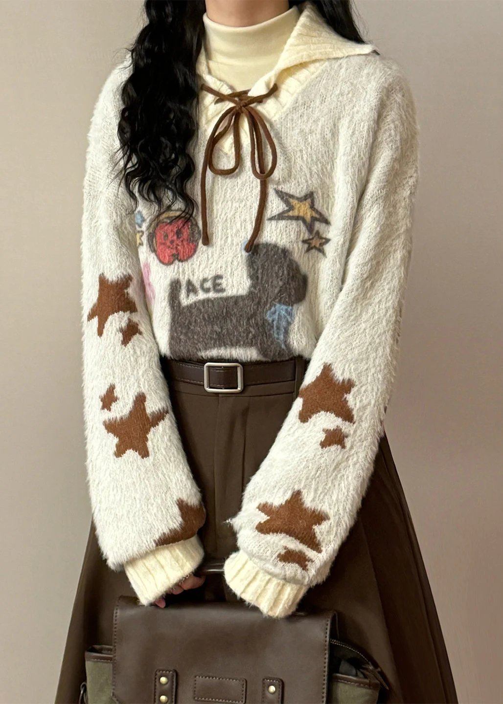 Jacquard Apricot Hooded Ruffled Lace Up Patchwork Knit Sweater Winter - Image 3