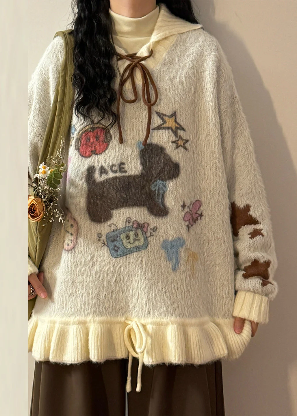 Jacquard Apricot Hooded Ruffled Lace Up Patchwork Knit Sweater Winter - Image 4