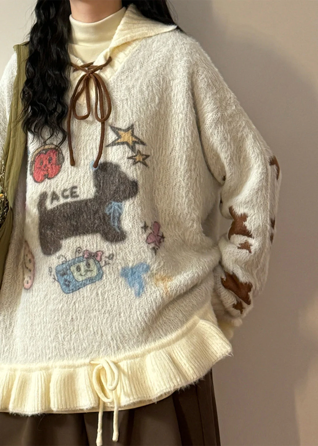 Jacquard Apricot Hooded Ruffled Lace Up Patchwork Knit Sweater Winter - Image 5