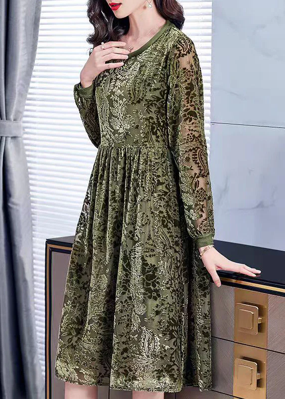 Jacquard Army Green O-Neck Lace Up Silk Velour Dress Long Sleeve - Image 2