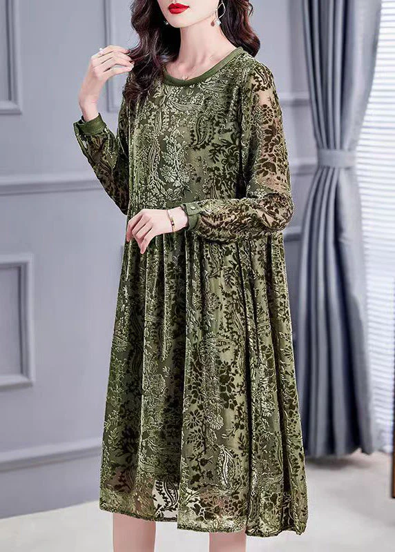 Jacquard Army Green O-Neck Lace Up Silk Velour Dress Long Sleeve - Image 3