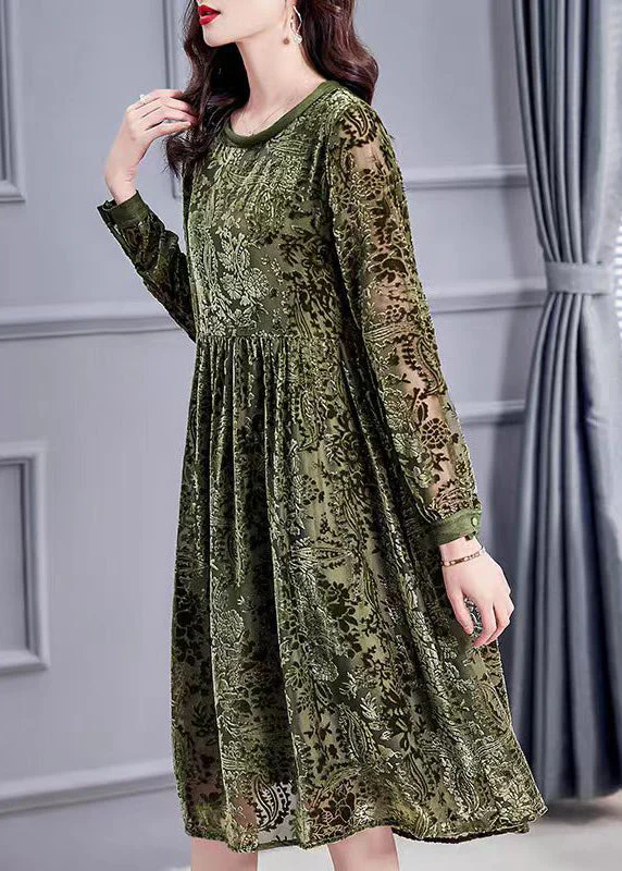 Jacquard Army Green O-Neck Lace Up Silk Velour Dress Long Sleeve - Image 4