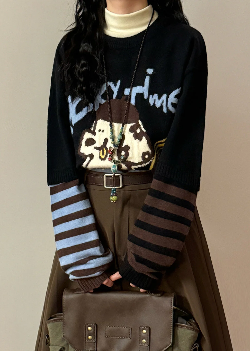 Jacquard Black Asymmetrical Striped Patchwork False Two Pieces Knit Sweaters Spring