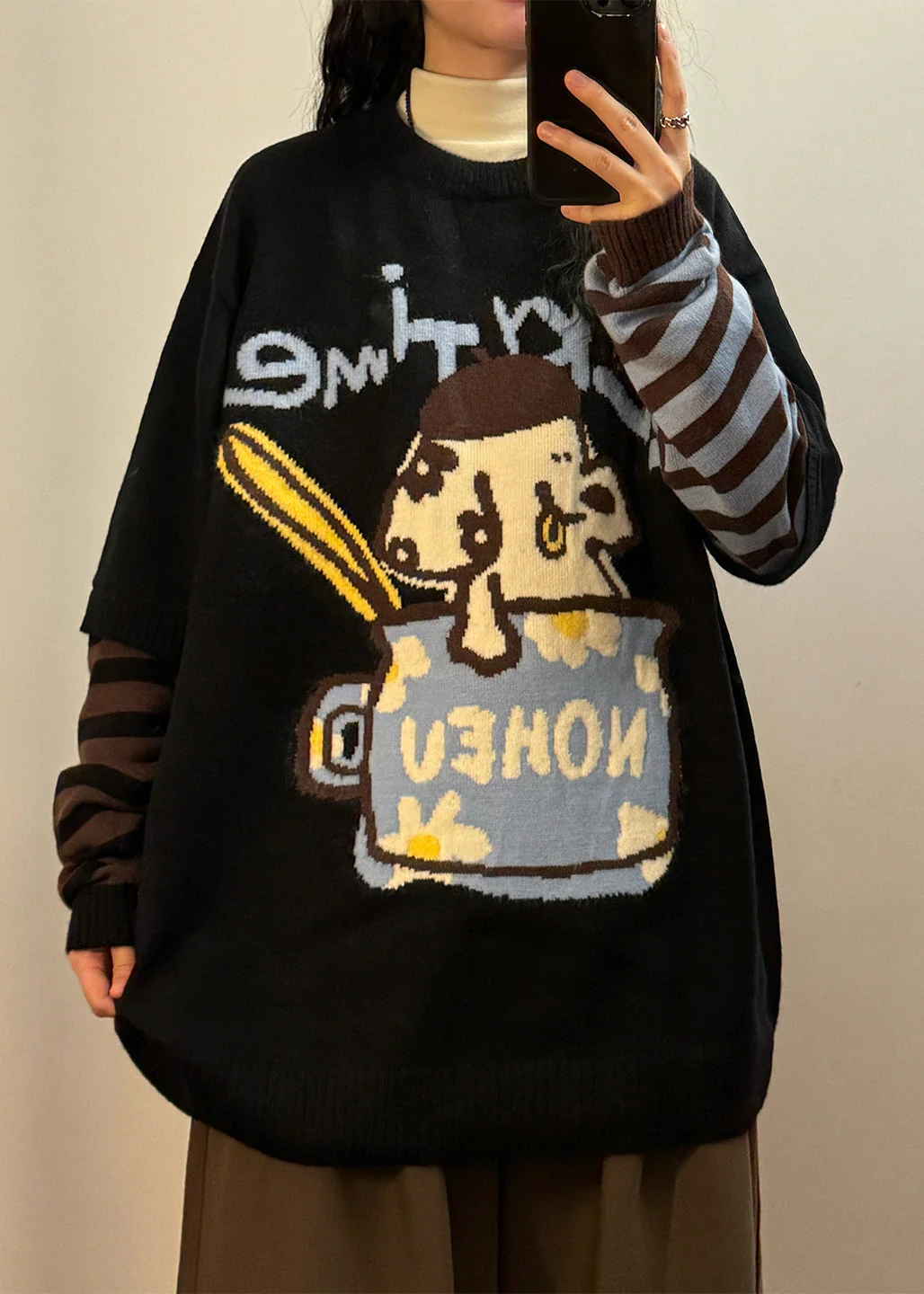 Jacquard Black Asymmetrical Striped Patchwork False Two Pieces Knit Sweaters Spring - Image 2