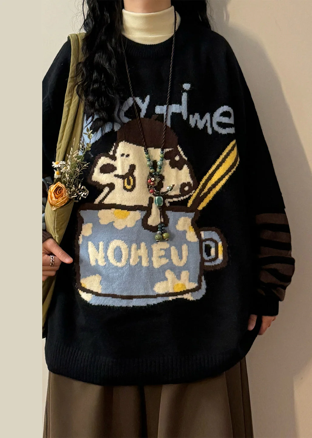 Jacquard Black Asymmetrical Striped Patchwork False Two Pieces Knit Sweaters Spring - Image 3