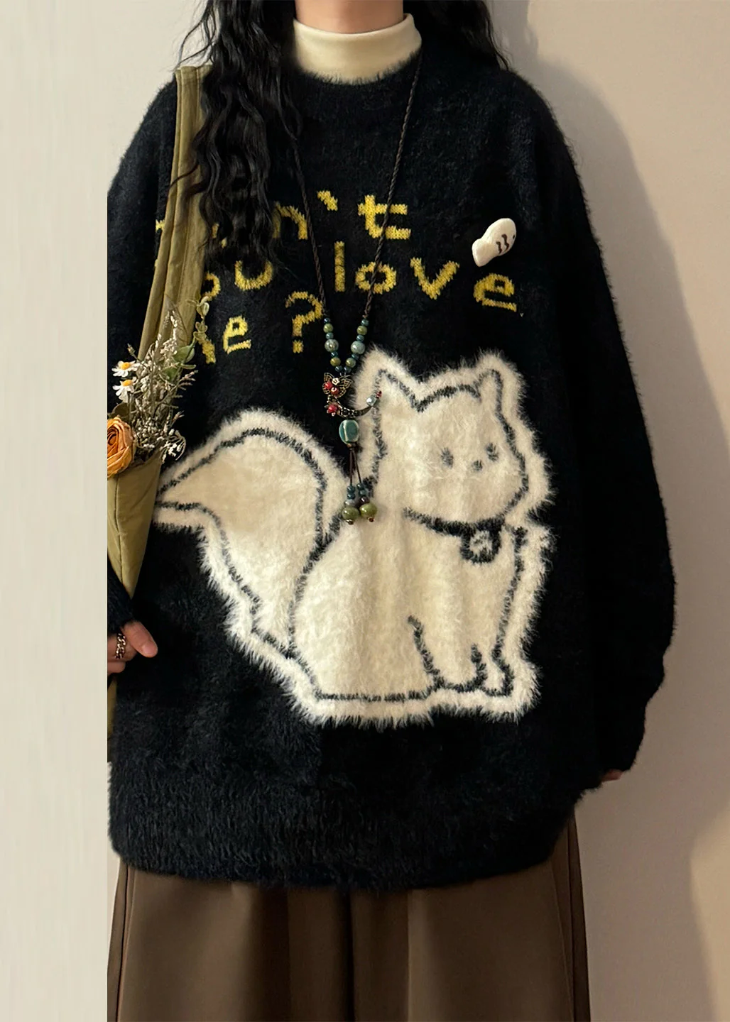 Jacquard Black Kitten Letter Mink Hair Knitted Sweaters Spring - Image 2