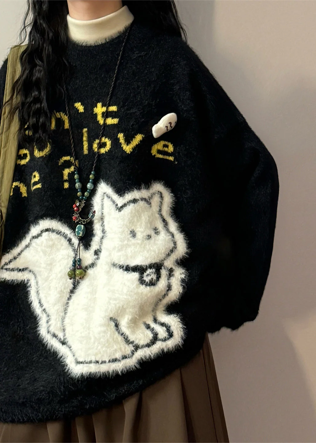 Jacquard Black Kitten Letter Mink Hair Knitted Sweaters Spring - Image 3