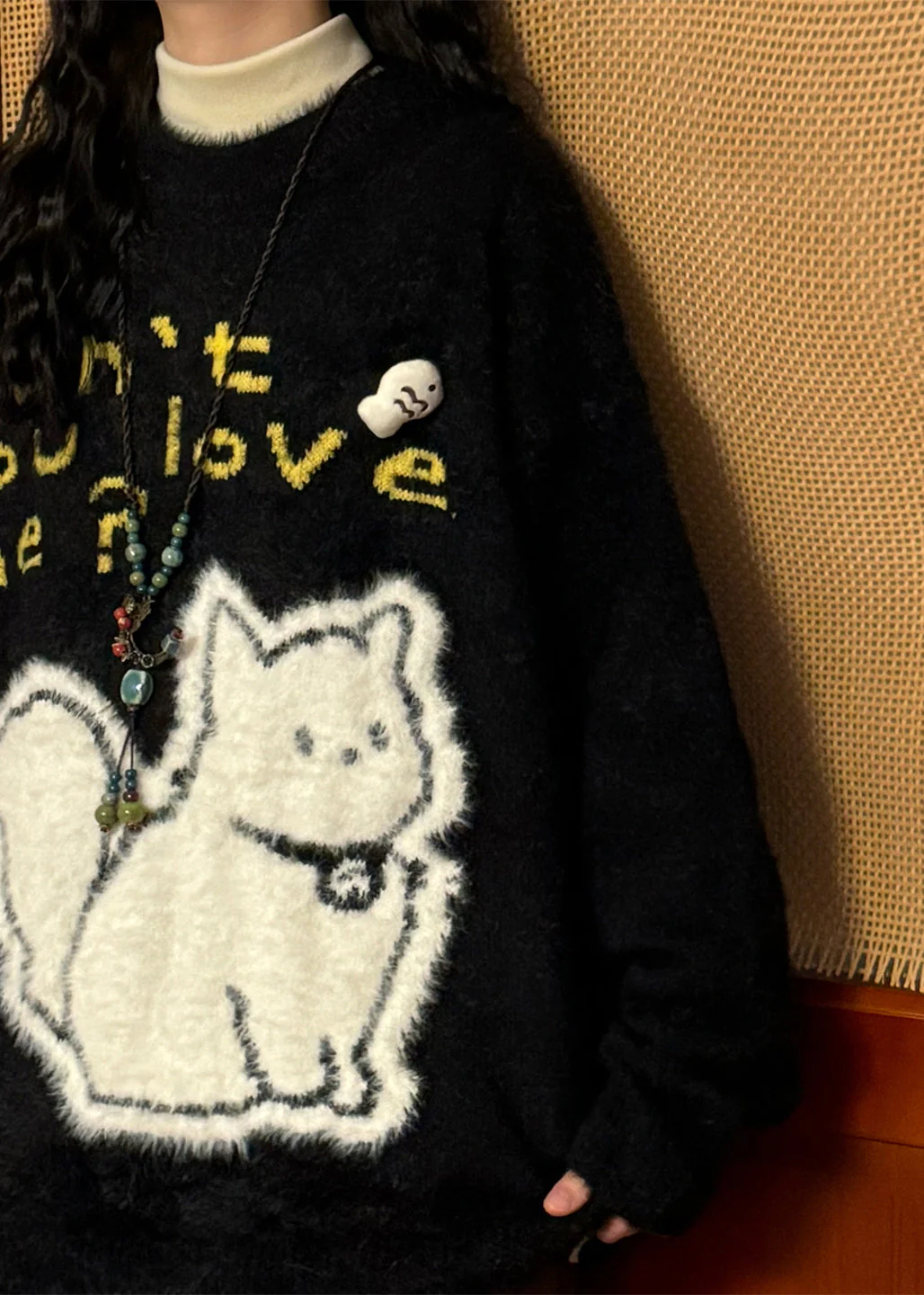 Jacquard Black Kitten Letter Mink Hair Knitted Sweaters Spring - Image 4