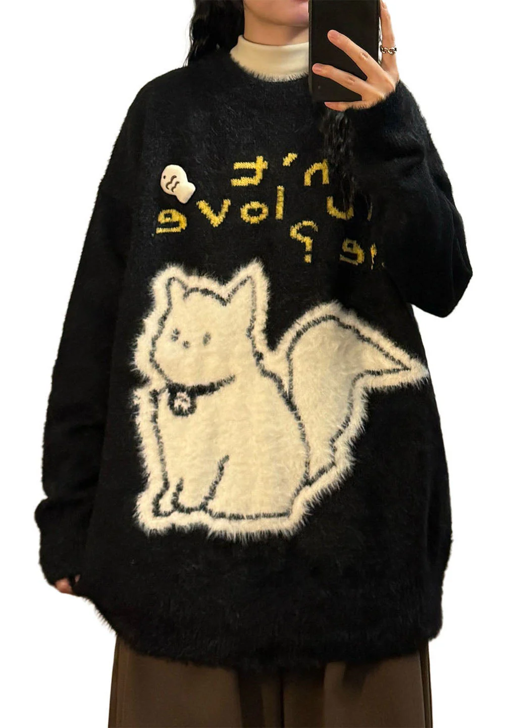 Jacquard Black Kitten Letter Mink Hair Knitted Sweaters Spring - Image 5