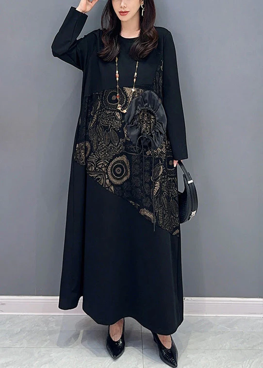 Jacquard Black Lace Up Pockets Cotton Long Dresses Long Sleeve - Image 2