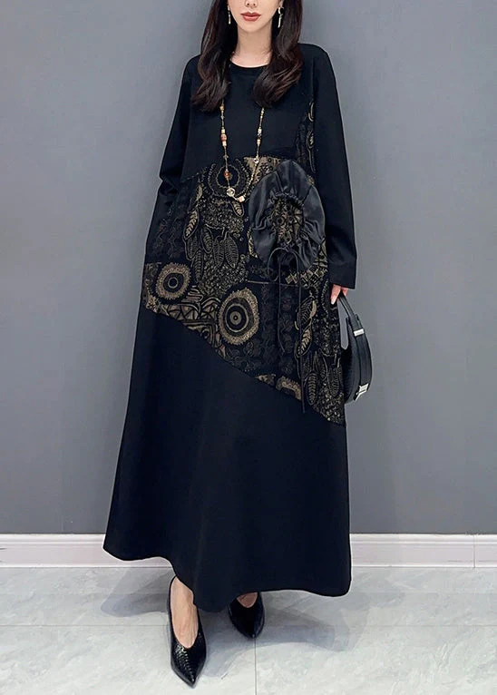 Jacquard Black Lace Up Pockets Cotton Long Dresses Long Sleeve - Image 3