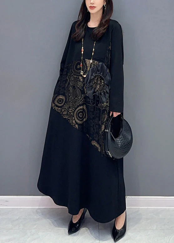 Jacquard Black Lace Up Pockets Cotton Long Dresses Long Sleeve - Image 4