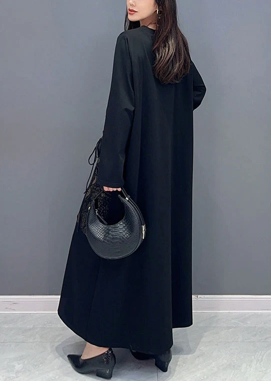Jacquard Black Lace Up Pockets Cotton Long Dresses Long Sleeve - Image 5