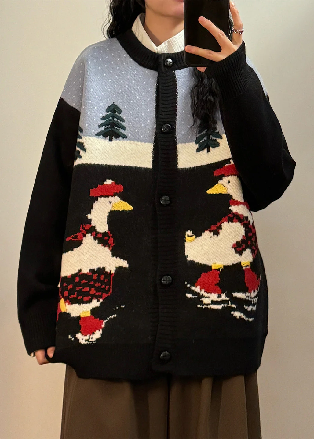 Jacquard Black O Neck Button Patchwork Knit Coats Spring - Image 2