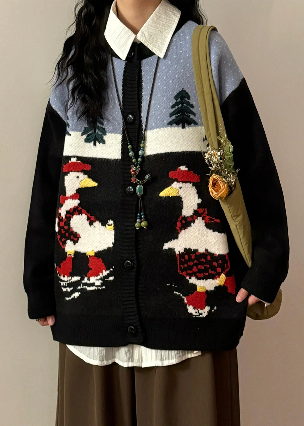 Jacquard Black O Neck Button Patchwork Knit Coats Spring - Image 3