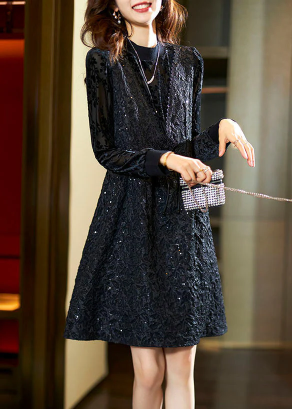 Jacquard Black O-Neck Patchwork Nail Bead Fake Two Pieces Mid Dress Fall - Image 3
