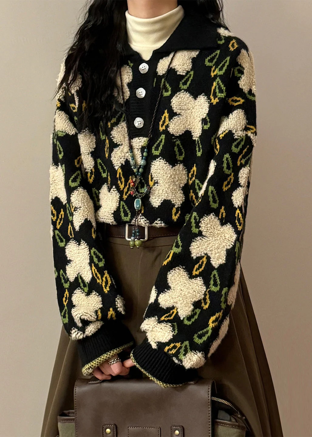 Jacquard Black Peter Pan Collar Button Cozy Knit Sweater Spring