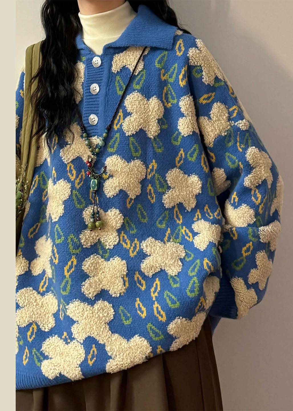 Jacquard Black Peter Pan Collar Button Cozy Knit Sweater Spring - Image 5