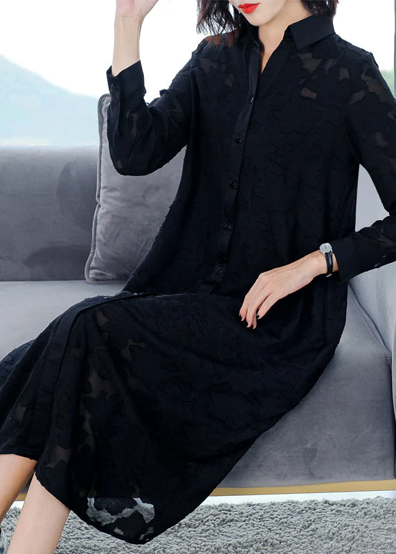 Jacquard Black Peter Pan Collar Button Long Dress Long Sleeve - Image 2