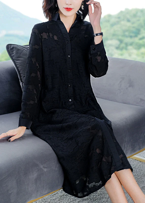 Jacquard Black Peter Pan Collar Button Long Dress Long Sleeve - Image 3