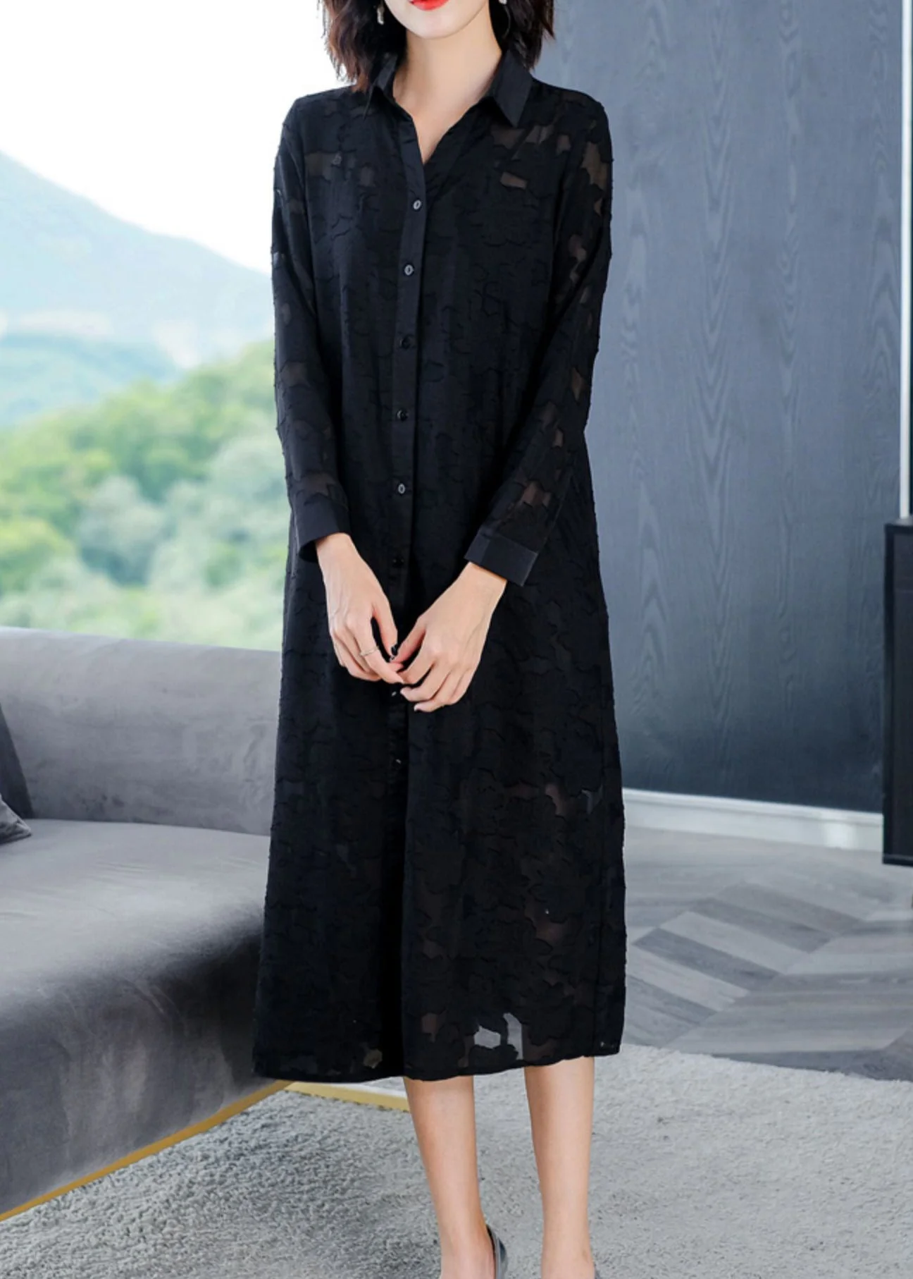 Jacquard Black Peter Pan Collar Button Long Dress Long Sleeve - Image 4