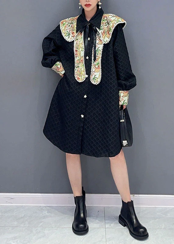 Jacquard Black Peter Pan Collar Patchwork Button Maxi Dress Long Sleeve - Image 2