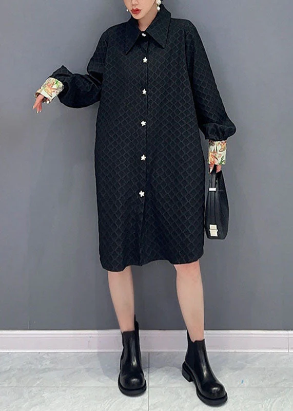 Jacquard Black Peter Pan Collar Patchwork Button Maxi Dress Long Sleeve - Image 3
