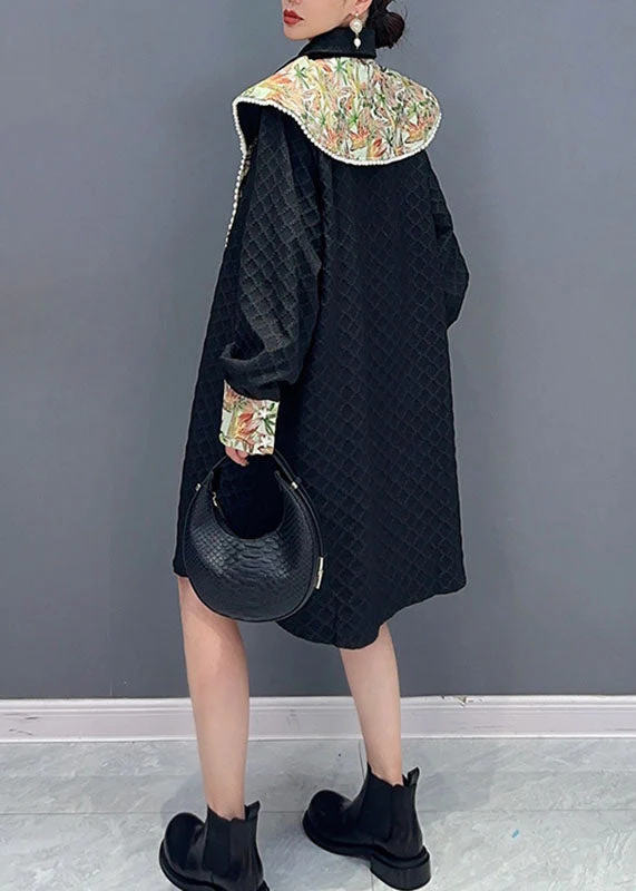 Jacquard Black Peter Pan Collar Patchwork Button Maxi Dress Long Sleeve - Image 4