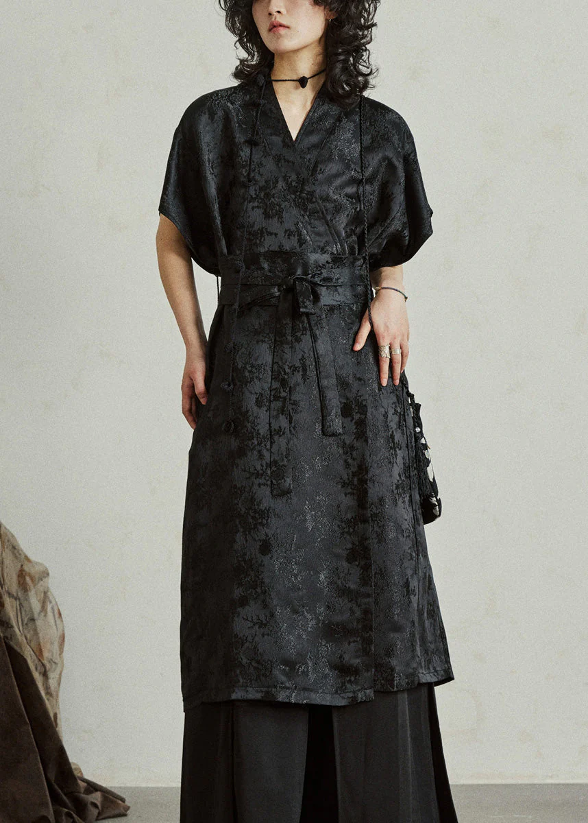 Jacquard Black Tie Waist Solid Silk Maxi Dress Summer - Image 2