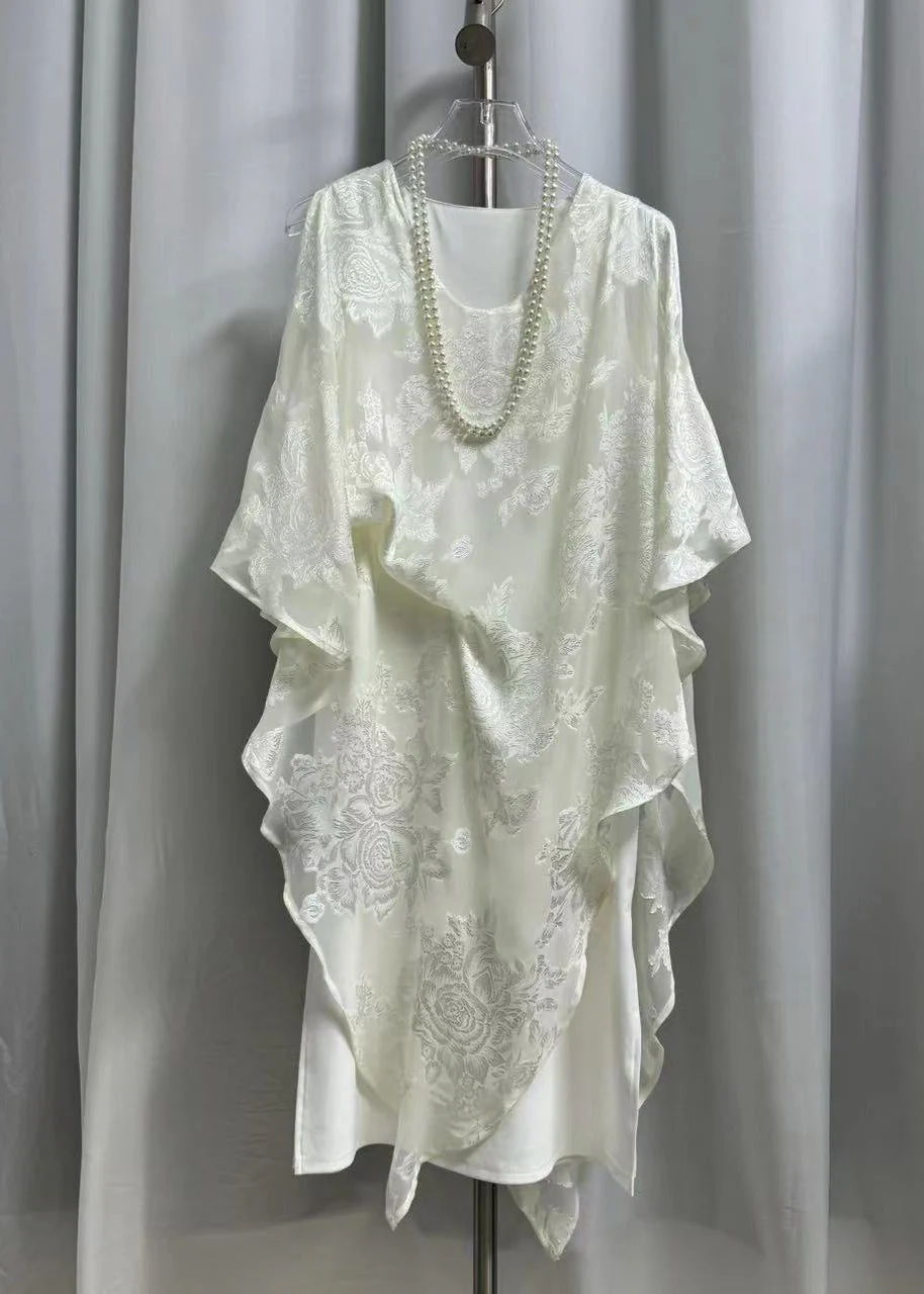 Jacquard Black Wrinkled Chiffon Long Dress Batwing Sleeve - Image 2