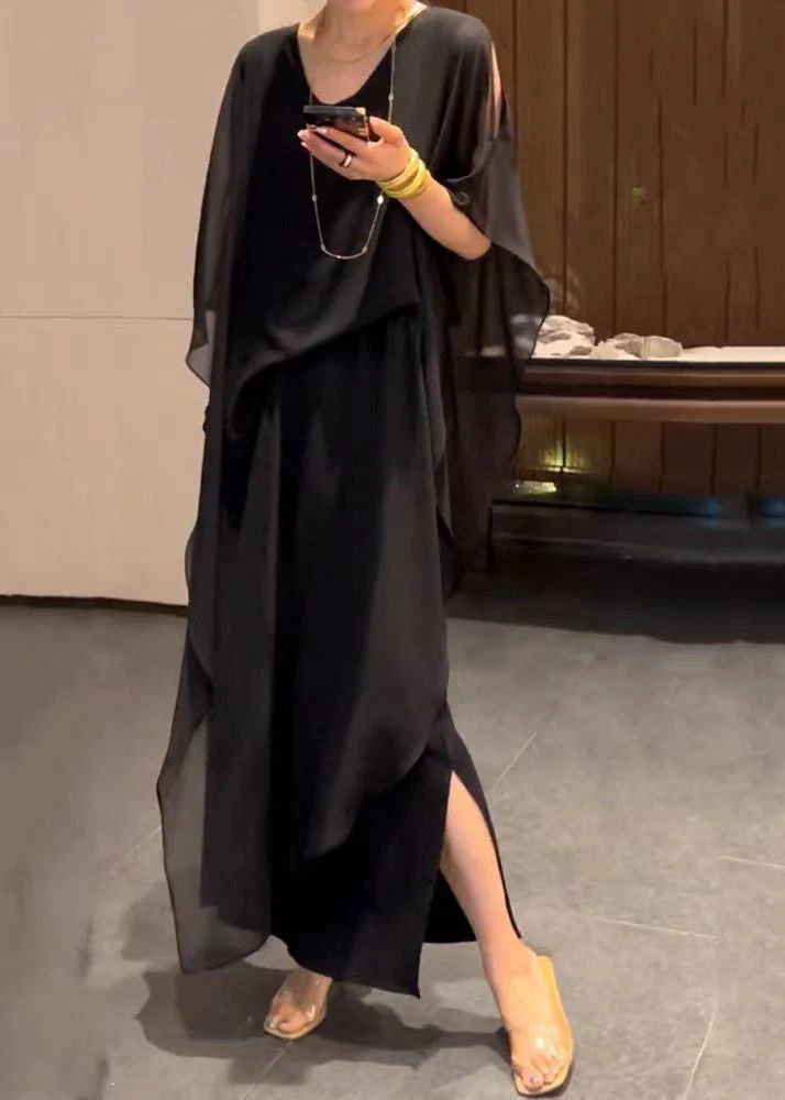 Jacquard Black Wrinkled Chiffon Long Dress Batwing Sleeve - Image 3