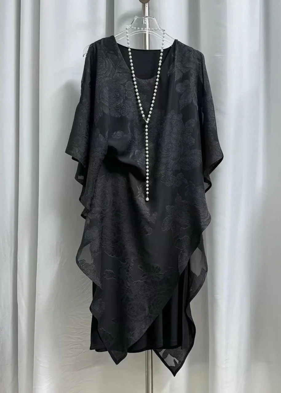 Jacquard Black Wrinkled Chiffon Long Dress Batwing Sleeve - Image 4