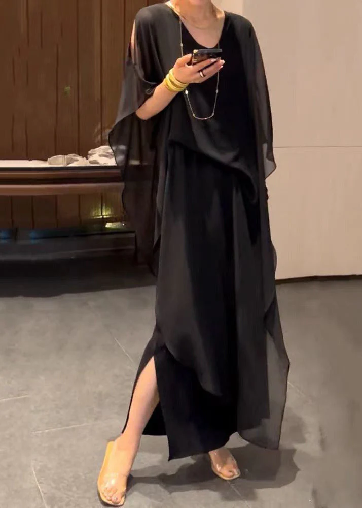 Jacquard Black Wrinkled Chiffon Long Dress Batwing Sleeve - Image 5