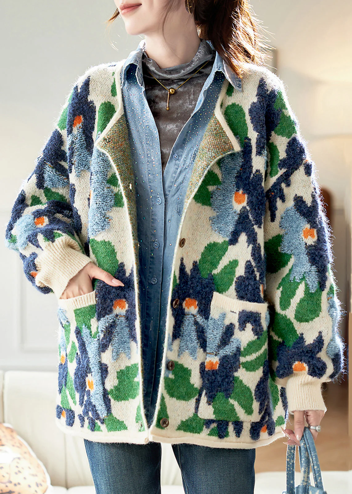 Jacquard Blue Button Pockets Knit Coats Spring - Image 2