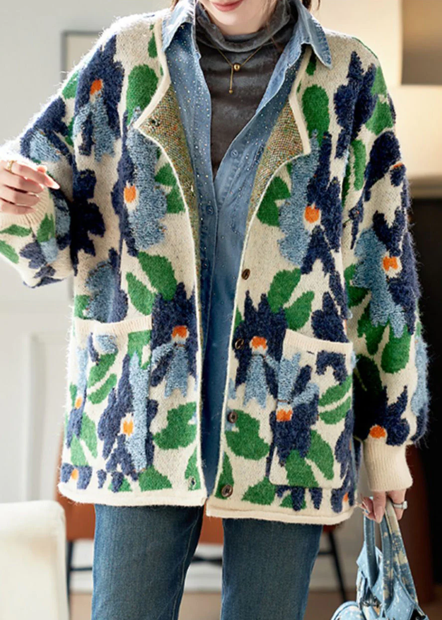 Jacquard Blue Button Pockets Knit Coats Spring - Image 3