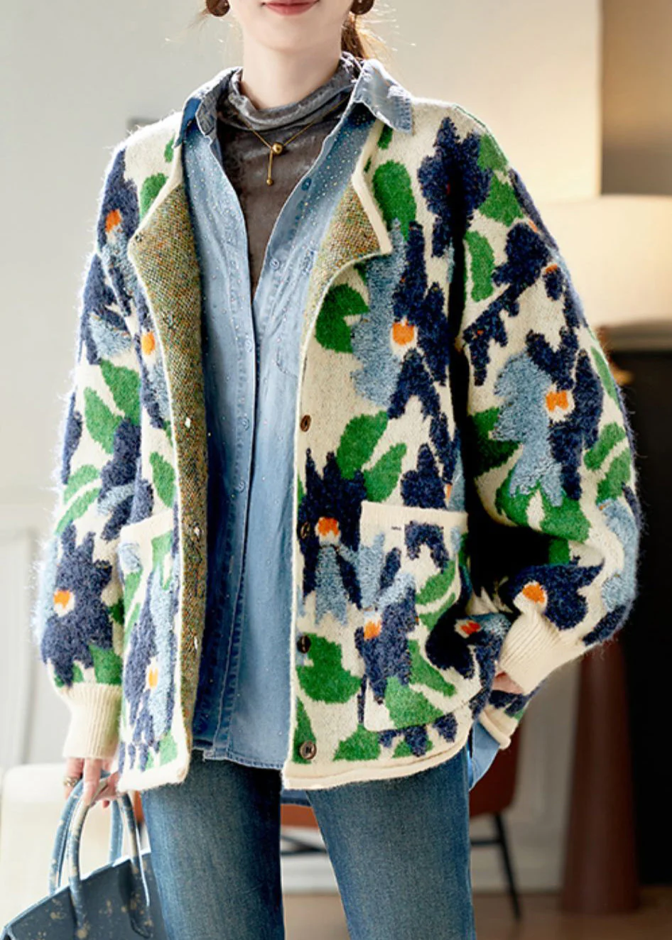 Jacquard Blue Button Pockets Knit Coats Spring - Image 4