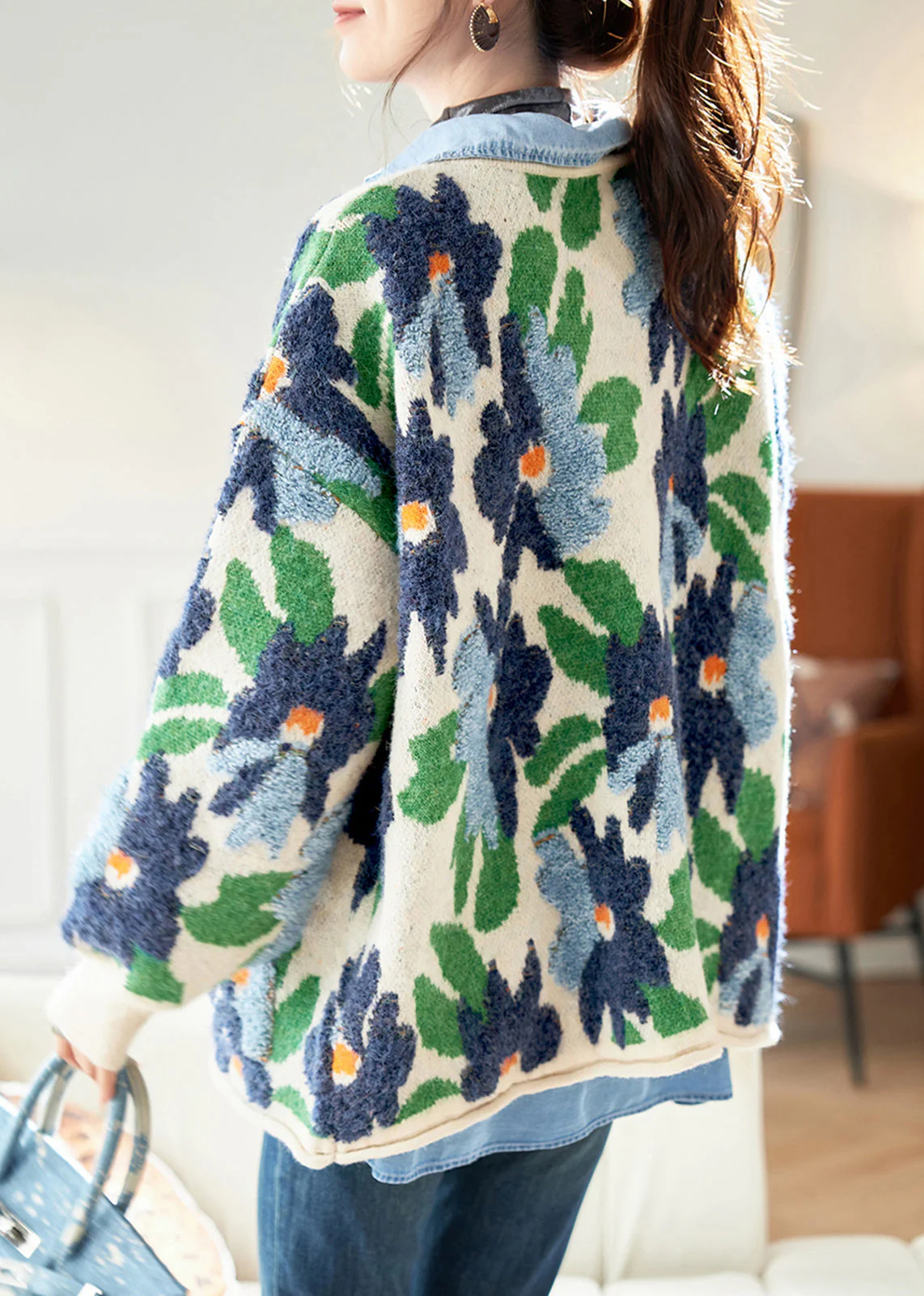 Jacquard Blue Button Pockets Knit Coats Spring - Image 5