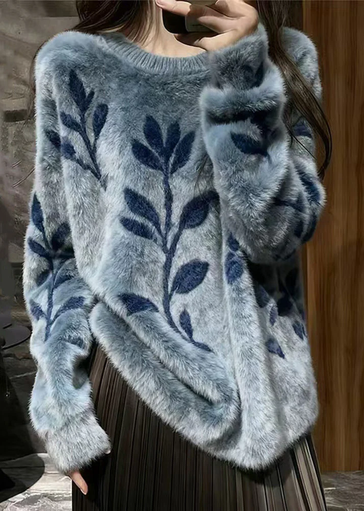 Jacquard Blue O-Neck Cozy Mink Hair Knitted Sweater Spring