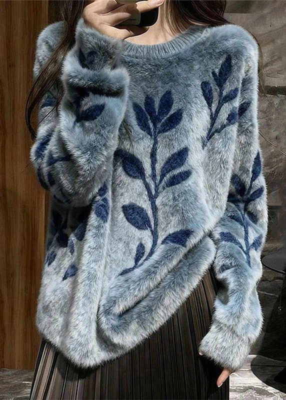 Jacquard Blue O-Neck Cozy Mink Hair Knitted Sweater Spring - Image 2