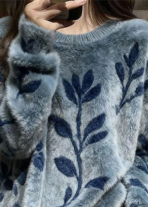 Jacquard Blue O-Neck Cozy Mink Hair Knitted Sweater Spring - Image 3