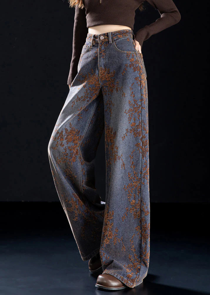 Jacquard Brown Pockets High Waist Denim Wide Leg Pants Spring - Image 3