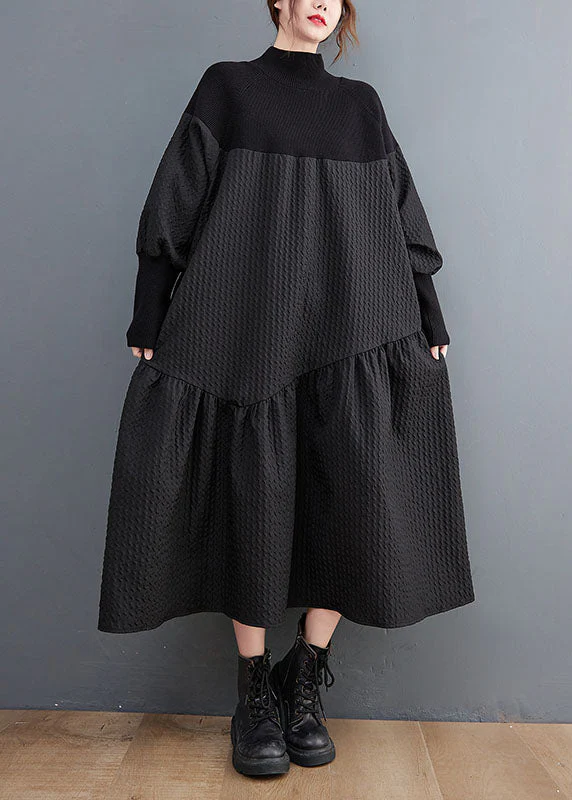 Jacquard Brown Turtleneck Knit Patchwork Long Dress Fall - Image 2