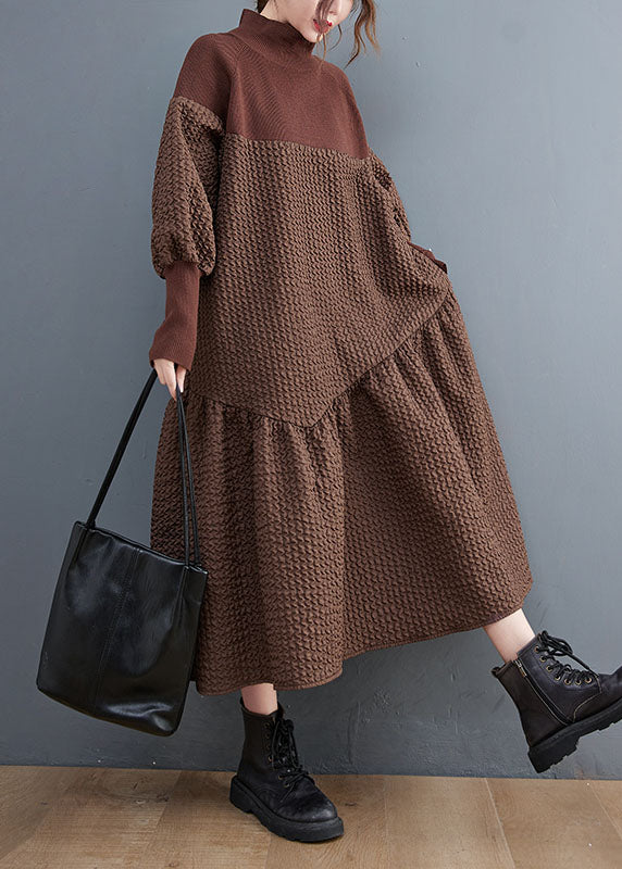 Jacquard Brown Turtleneck Knit Patchwork Long Dress Fall - Image 3