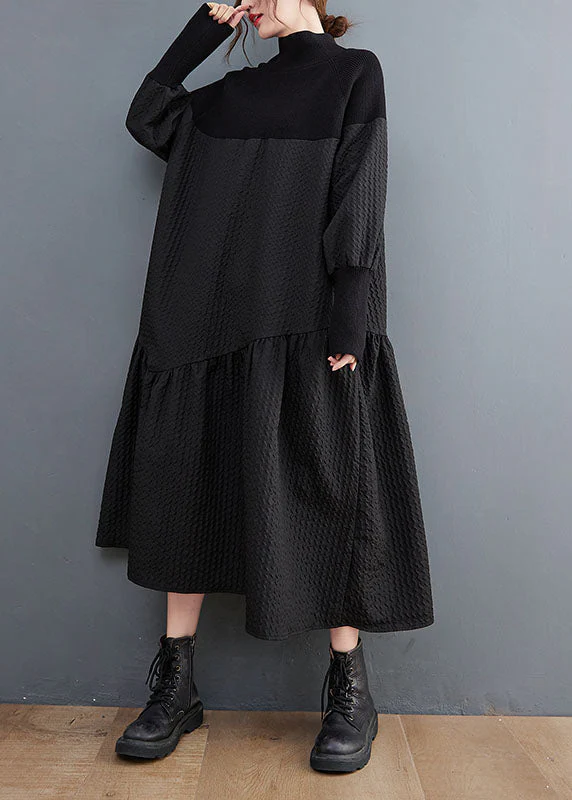 Jacquard Brown Turtleneck Knit Patchwork Long Dress Fall - Image 4