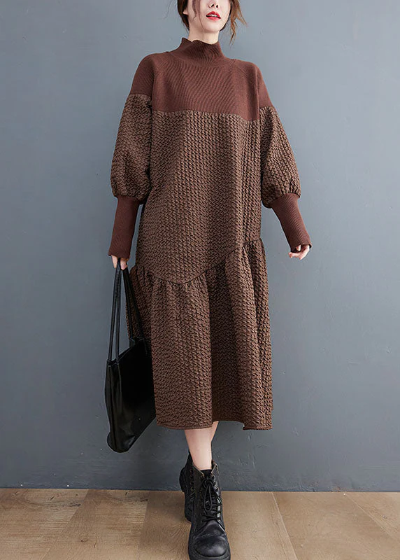 Jacquard Brown Turtleneck Knit Patchwork Long Dress Fall - Image 5